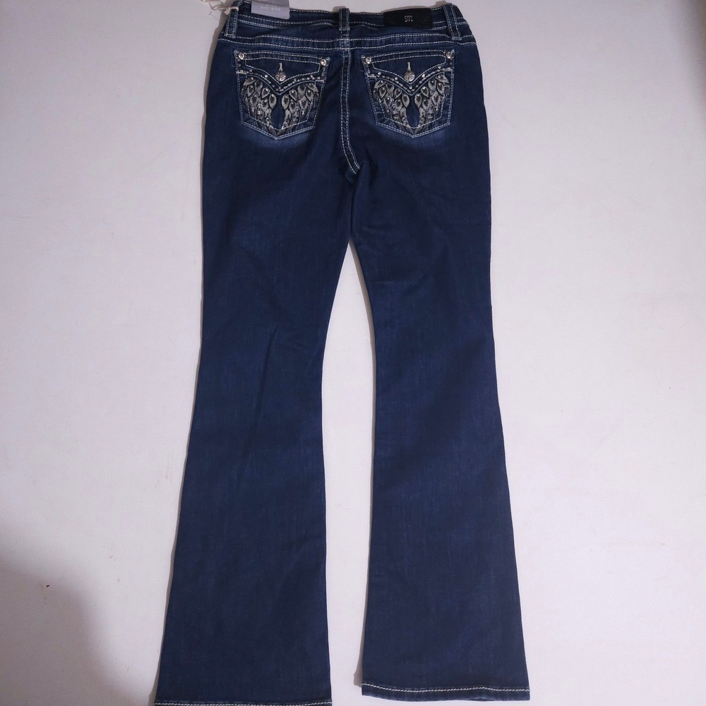 Miss Me Mid Rise Bootcut Jeans Dark Blue Sequin Embroidered Slim Fit 30x32 NEW - Picture 2 of 10